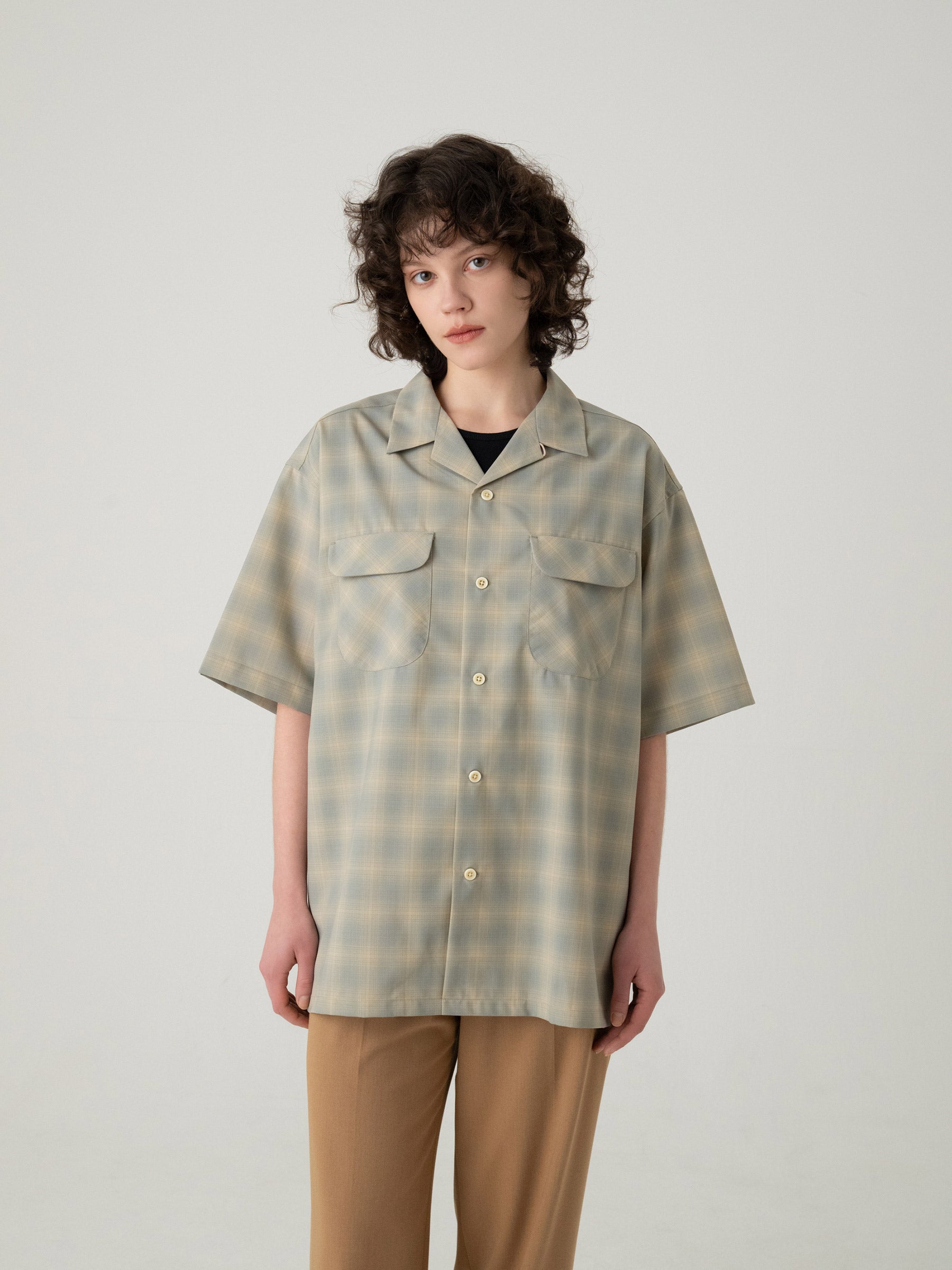 オープンカラー・シャツ・S/S - SAGE/ECRU