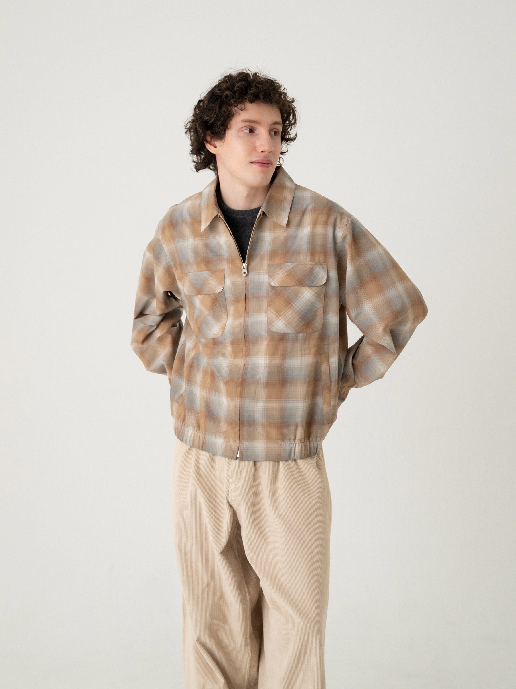 ジップ・シャツジャケット - BEIGE/GRAY